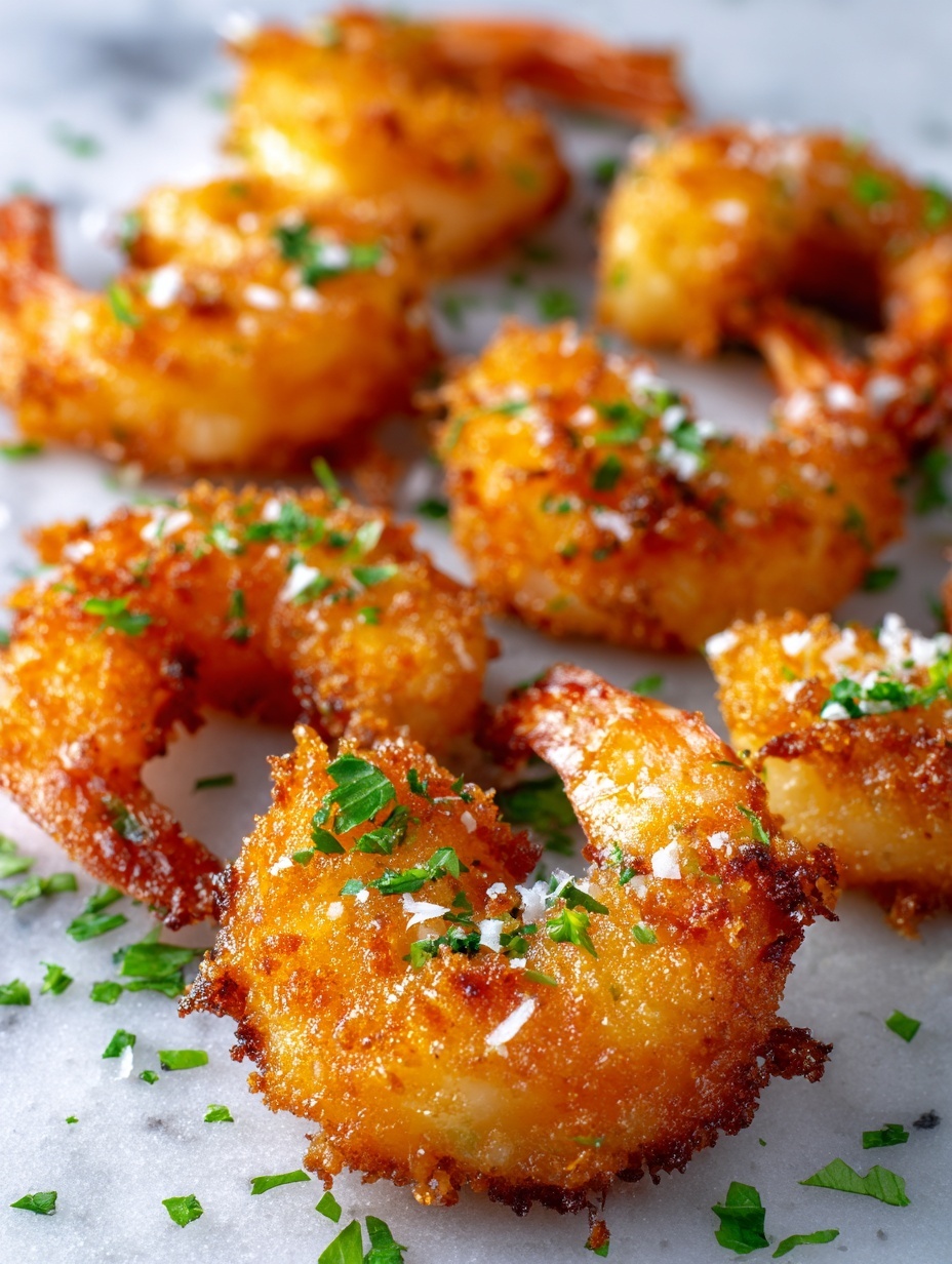 A white plate filled with golden-brown crispy fried shrimp, each piece coated with a crunchy breading and sprinkled with finely chopped green herbs, arranged in a loose pile. To the back of the plate, there is a small glass bowl filled with a creamy white dipping sauce. The plate sits on a white marbled surface, with a dark blue cloth napkin folded loosely around it. In the background, part of a whole coconut and a pineapple can be seen slightly out of focus. Photo taken with an iphone --ar 2:3 --v 7