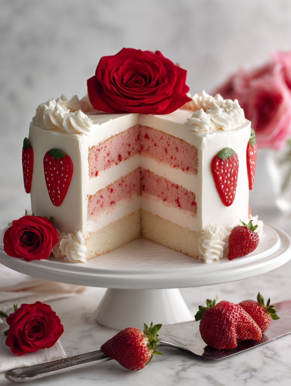 A white frosted cake with two layers of pink sponge is placed on a tall white cake stand. The cake has small red strawberry decorations with green tops around the side and a large red rose on top. A slice of the cake is being lifted out with a metal spatula, showing the smooth white frosting between the pink layers. Around the base of the cake stand, there are fresh red roses and whole and sliced strawberries scattered on a wooden surface with a white marbled texture in the background. photo taken with an iphone --ar 2:3 --v 7