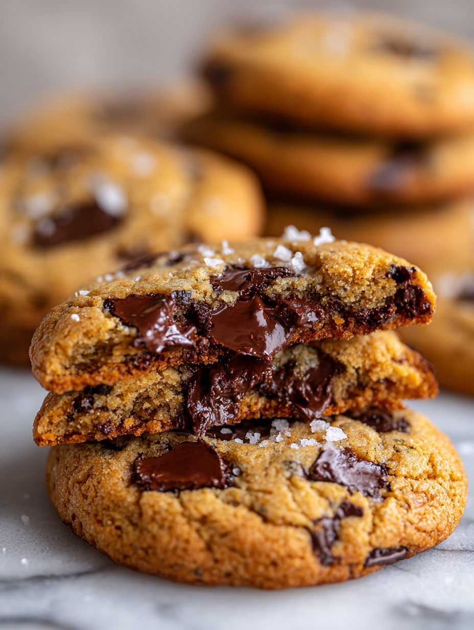 The image shows several chocolate chip cookies with a soft, chewy texture. One cookie is broken in half and placed on top of another whole cookie, revealing a thick, gooey, dark chocolate center inside. The cookies are light brown with darker brown melted chocolate chips and are sprinkled with small flakes of salt on top. They rest on a white marbled surface, creating a clean and bright background that contrasts with the warm colors of the cookies. The photo taken with an iphone --ar 2:3 --v 7