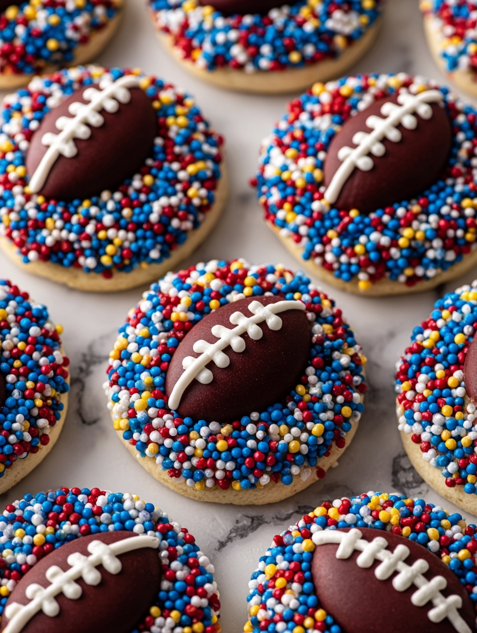 The image shows round cookies covered in white icing and decorated with red, blue, and yellow small round sprinkles. On top of each cookie is a dark chocolate football shape with white icing laces, placed in the center. The cookies are arranged closely together on a white marbled surface, showing various angles of the colorful sprinkle-covered base and the dark chocolate footballs with detailed white stitching lines. The overall colors are bright and festive with a clear focus on the chocolate football topping. photo taken with an iphone --ar 2:3 --v 7