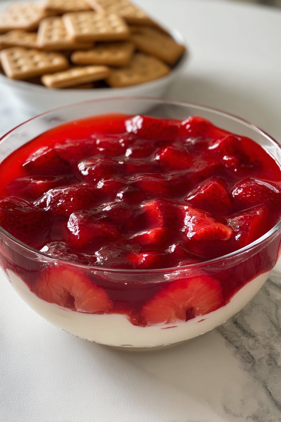The dish is a clear glass bowl filled with two layers: the bottom layer is creamy white and smooth, while the top layer is a bright, shiny red jelly with whole pieces of strawberries visible inside it, giving it a textured, slightly glossy look. In the background, there is a white bowl filled with light brown square crackers on a white marbled surface. Photo taken with an iphone --ar 2:3 --v 7