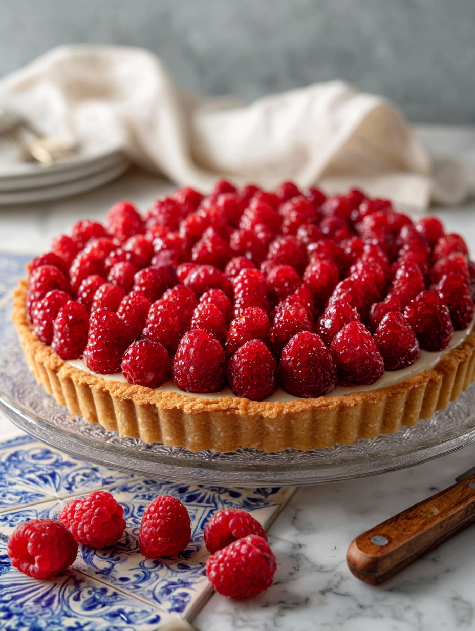 A round tart with one thick golden-brown crust layer at the bottom and a densely packed top layer of bright red raspberries covering the entire surface, each raspberry showing its small textured drupelets. The tart sits on a clear glass plate placed on a white marbled surface with scattered fresh raspberries nearby. In the background, a knife with a white handle and wooden section is partly visible next to a white cloth. The photo taken with an iphone --ar 2:3 --v 7