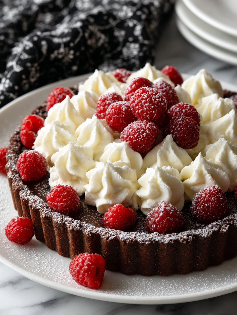 A round chocolate cake dusted with powdered sugar sits on a white plate. The top of the cake is fully covered with swirls of white whipped cream arranged closely together. Around the cake on the plate, there are bunches of fresh red raspberries coated lightly with powdered sugar. The cake and plate are placed on a white marbled surface, and a black cloth with small white patterns is partly visible in the background. photo taken with an iphone --ar 2:3 --v 7