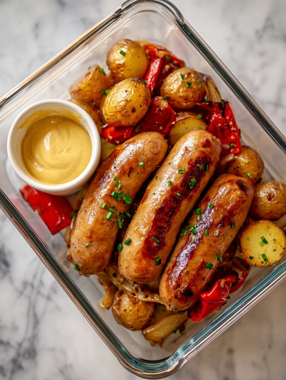 A white rectangular baking dish holds three layers of food: the bottom layer has golden brown potato slices, the middle layer shows pieces of grilled meat partly hidden by the top layer, and the top layer has a mix of bright green and red bell pepper strips along with white onion wedges with some grill marks. A woman's hand is pouring a clear yellow liquid from a glass measuring cup into the dish. Around the baking dish, on a white marbled surface, there is another glass measuring cup filled with the same yellow liquid and three small clear bowls containing dried herbs, black pepper, and salt. photo taken with an iphone --ar 2:3 --v 7