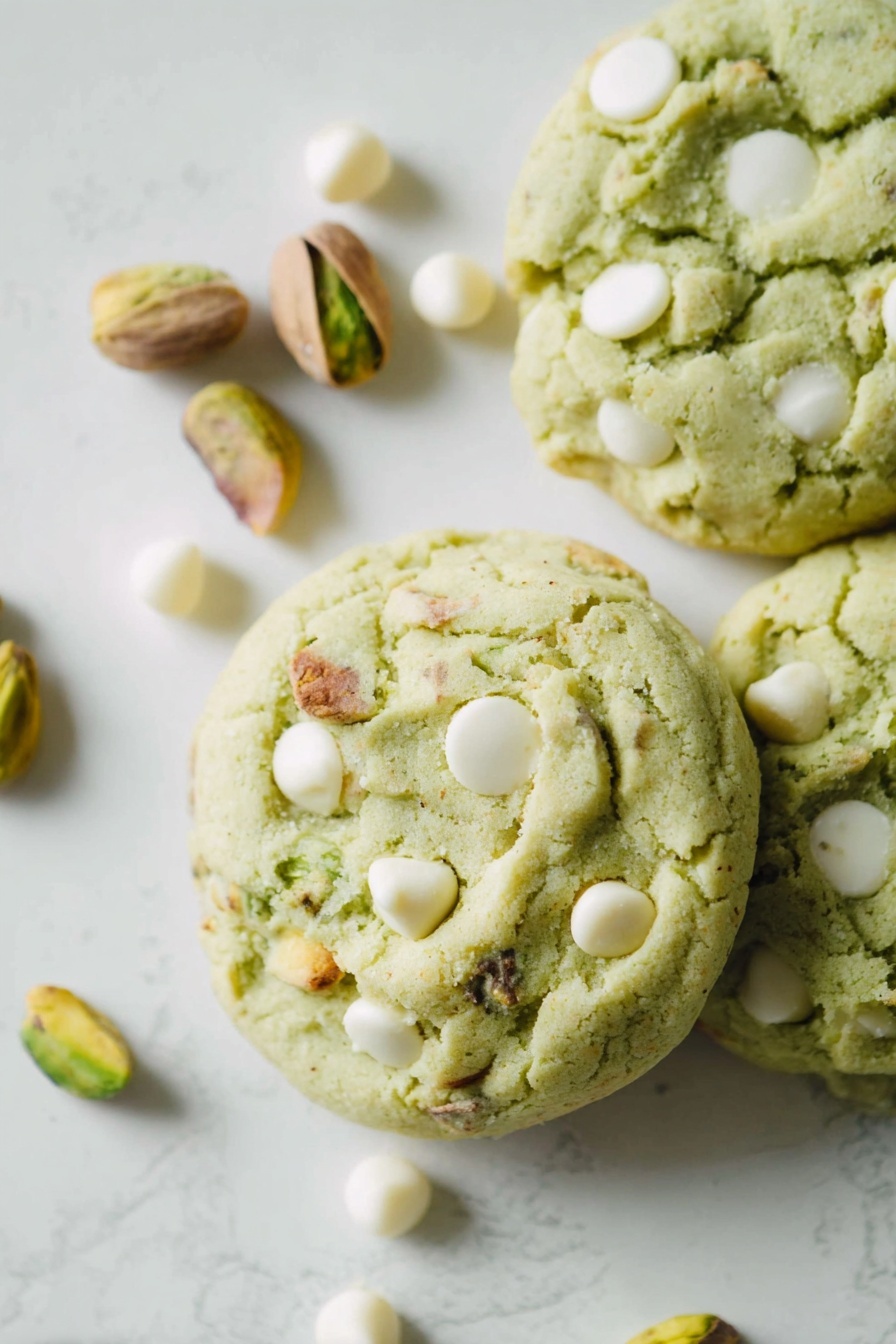 A stack of four light green cookies sits on a white marbled surface, each cookie thick and slightly soft looking with a chunky texture. The cookies are dotted with white chocolate chips and pieces of pistachio nuts, adding small pops of creamy white and dark green colors, scattered unevenly within the dough. The cookies appear slightly crumbly with a few crumbs and small pistachio pieces around the base, emphasizing their fresh and homemade look. photo taken with an iphone --ar 2:3 --v 7