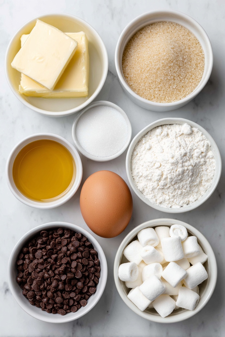 Flat lay of a small slab of pale yellow butter, a small white ceramic bowl filled with golden packed brown sugar, a small white ceramic bowl of fine white granulated sugar, a small white ceramic bowl holding a pale amber vanilla extract liquid, one large whole brown egg with a clean shell, a small white ceramic bowl heaped with fine white all-purpose flour, a small white ceramic bowl of rich dark brown unsweetened cocoa powder, a small white ceramic bowl containing fine white baking soda powder, a small white ceramic bowl with fine white salt crystals, a small white ceramic bowl filled with glossy semisweet dark chocolate chips, a small white ceramic bowl of white halved mini marshmallows, a small white ceramic bowl with thin, pale beige sliced almonds placed on a clean white marble surface, soft natural light, photo taken with an iPhone, professional food photography style, fresh ingredients, white ceramic bowls, no bottles, no duplicates, no utensils, no packaging --ar 2:3 --v 7 --p m7354615311229779997