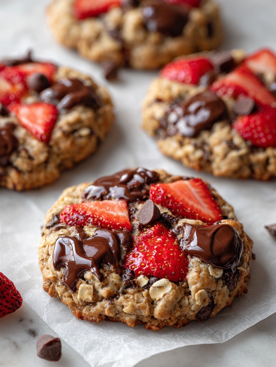 A close-up view of a thick, round oat cookie studded with several large chunks of melted dark chocolate and smaller chocolate chips, blended with slices of bright red strawberries scattered throughout the cookie. The cookie has a textured, golden brown surface with visible oats, giving it a slightly rough and crumbly look. The background is a white marbled texture, and the cookie appears soft and rich with a warm homemade feel. Photo taken with an iphone --ar 2:3 --v 7