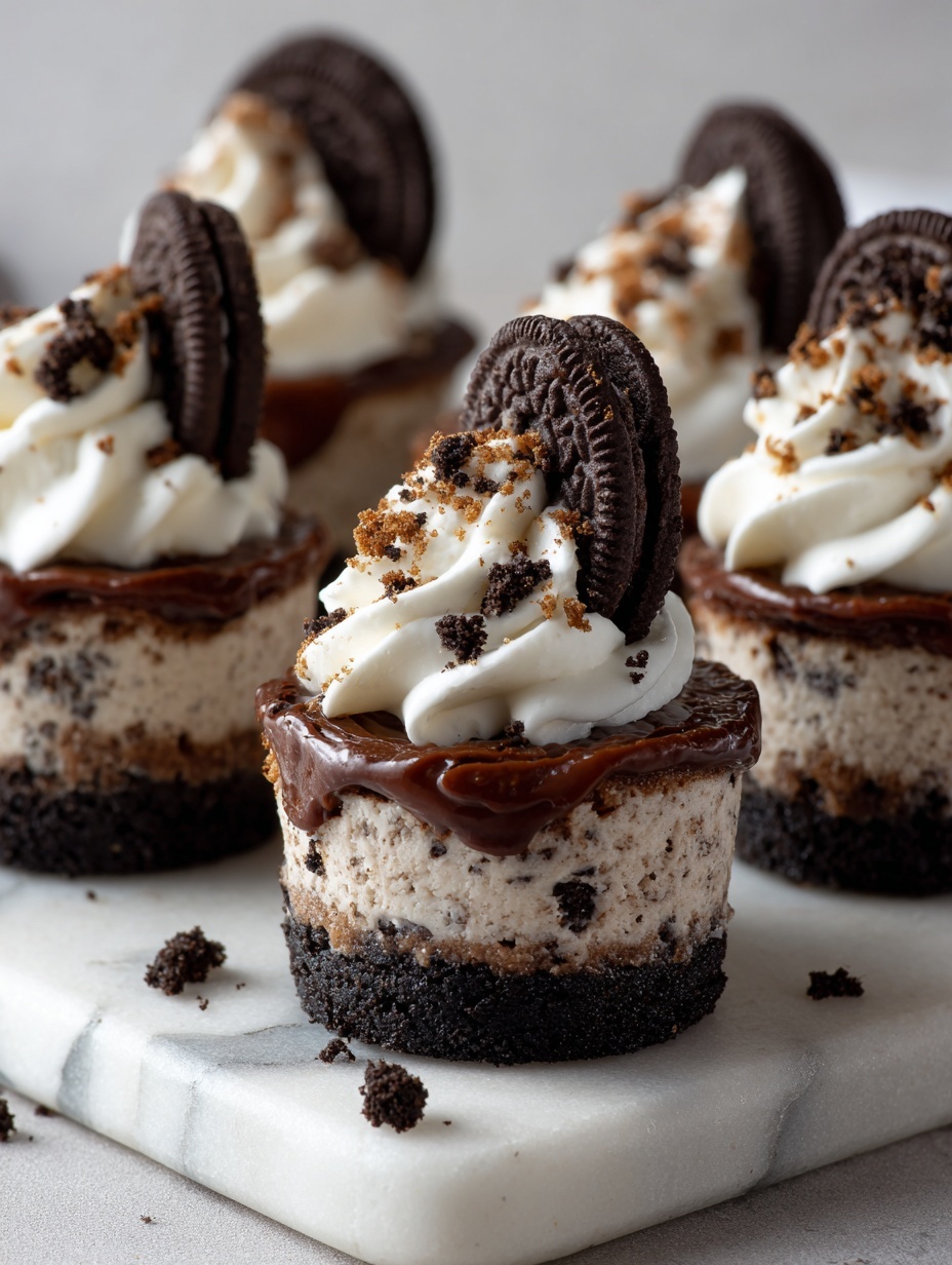 The image shows six small round desserts arranged on a dark textured tray over a white marbled surface. Each dessert has three layers: a thick dark crumbly base, a middle creamy white layer with dark cookie bits mixed in, and a thin smooth dark chocolate layer on top. Above the chocolate layer, there is a swirl of white whipped cream, sprinkled with small dark cookie crumbs. A half piece of a dark chocolate cookie is placed upright in the center of the whipped cream on each dessert. The background is a soft, blurred light gray wall. Photo taken with an iphone --ar 2:3 --v 7