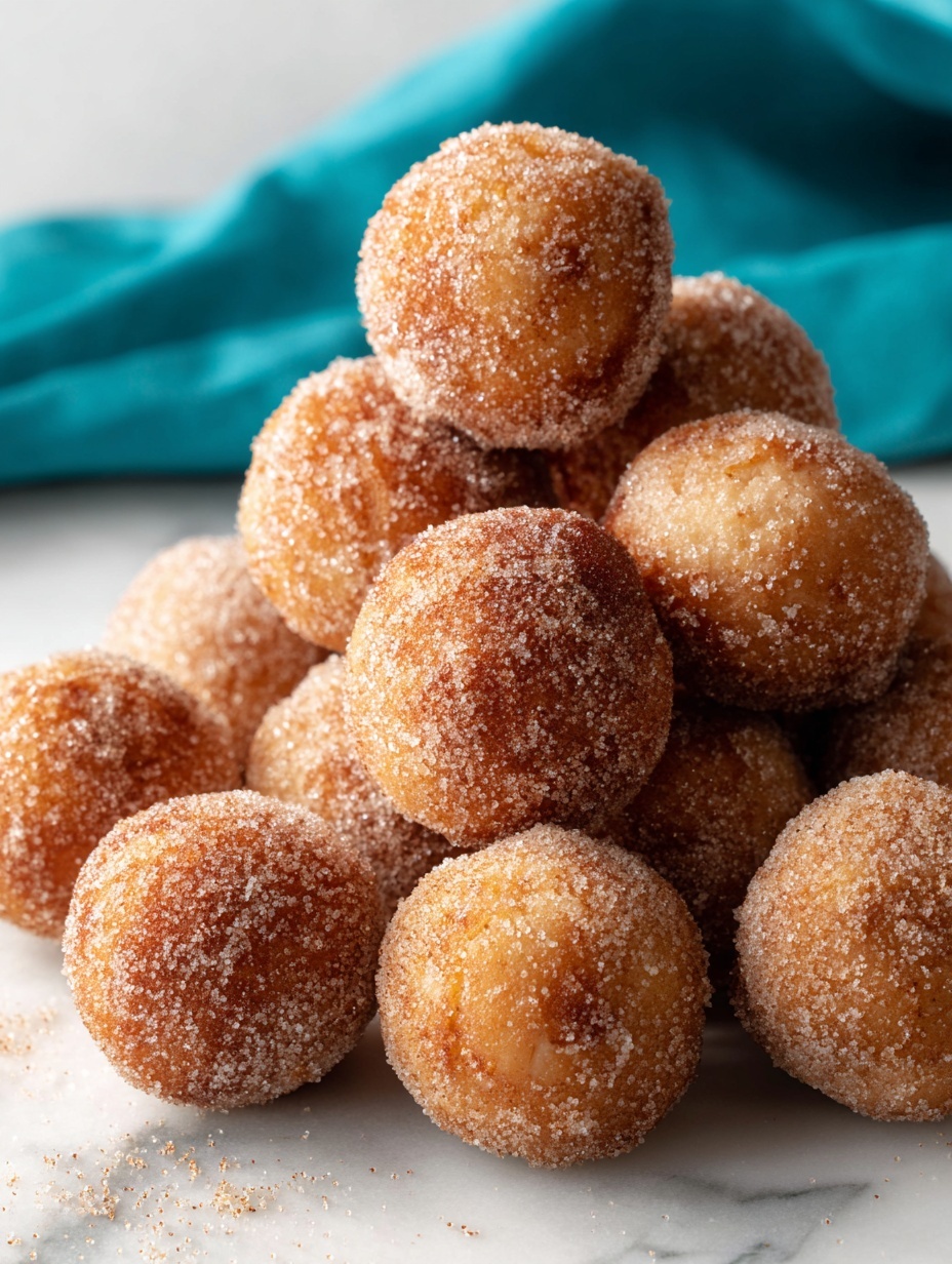 A white plate filled with a pile of round, golden-brown doughnut balls coated in a rough layer of sugar and cinnamon, placed on a white marbled surface. The doughnut balls have a warm, slightly uneven texture with some scattered doughnut balls lying around the plate on the surface. The background features a soft, blurred teal cloth partially visible on the left side. The image is bright and clear, showcasing the crispy sugar layer and the rounded shape of each doughnut ball, photo taken with an iphone --ar 2:3 --v 7