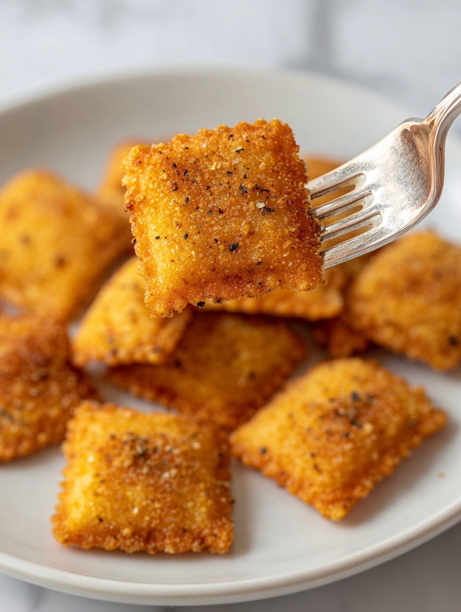 A close-up view of a golden-brown fried square ravioli held by a shiny metal fork, showing a crispy, crunchy texture with specks of herbs on the surface; below the fork, many similar fried ravioli pieces lie scattered on a white plate, all with the same golden crispy look and small dots of green herbs. The whole scene is set on a white marbled surface. photo taken with an iphone --ar 2:3 --v 7