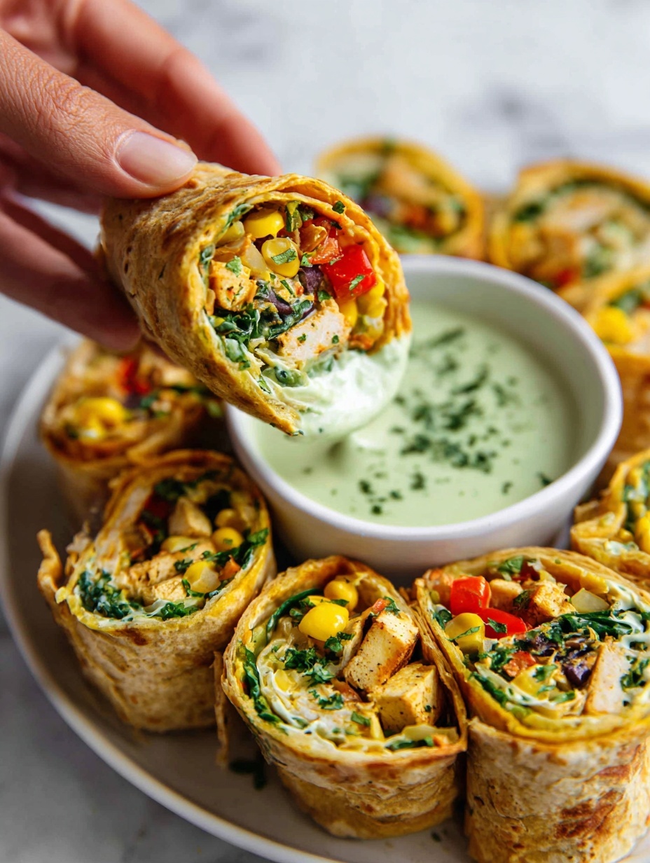The image shows several rolled, golden-brown wraps cut diagonally to reveal three main layers inside: a light beige outer tortilla layer with a soft, slightly crispy texture, a colorful filling of dark black beans, green spinach leaves, yellow corn kernels, and light brown cooked pieces of tofu or chicken, and small bits of red pepper scattered throughout. One piece is held by a woman's hand, dipped into a creamy pale green sauce garnished with chopped fresh herbs in a small round white bowl at the center of a white plate. The plate rests on a white marbled surface with some scattered green herbs around it. Photo taken with an iphone --ar 2:3 --v 7