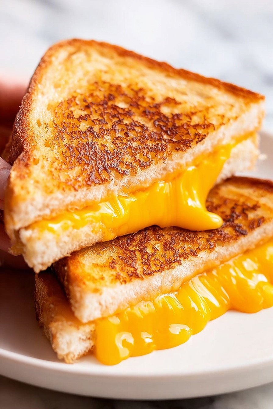 Two triangular halves of grilled cheese sandwich stacked on a white plate over a white marbled surface. Each sandwich half has a golden brown toasted outer layer with a slightly crispy texture showing small dark brown grill marks. Between the two slices of soft white bread is a thick layer of melted bright orange cheese that oozes a bit at the edges, smooth and glossy. One half is slightly leaning over the other, showing the rich melted cheese inside clearly. Photo taken with an iphone --ar 2:3 --v 7