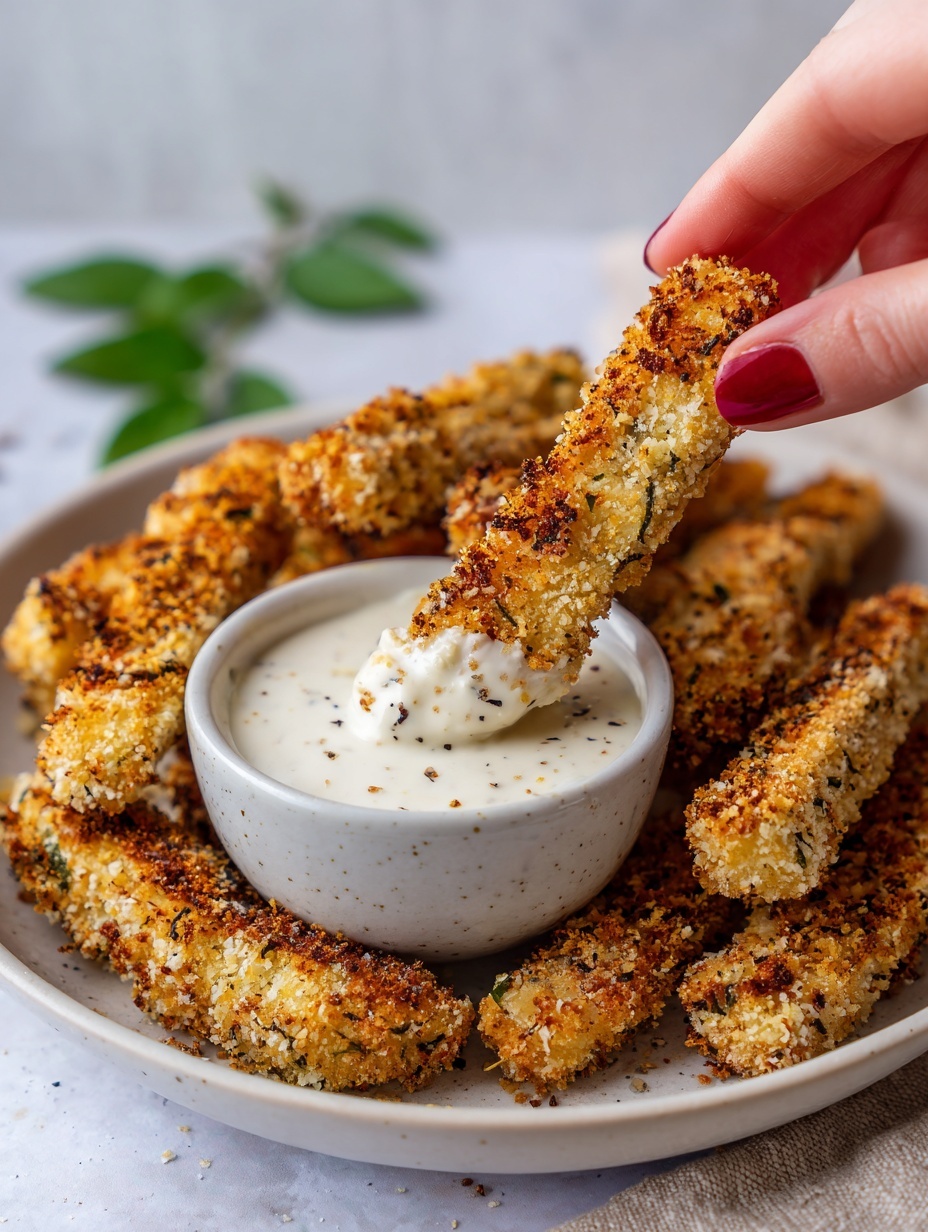 A woman's hand with red painted nails is holding a golden brown crispy stick dipped halfway into a small white bowl filled with creamy white sauce that has specks of black pepper. The bowl sits on a white marbled surface surrounded by many more crispy sticks arranged in a circle. The sticks have a crumbly texture with darker toasted spots. In the blurred background, there is some green garnish and another small white bowl. Photo taken with an iphone --ar 2:3 --v 7