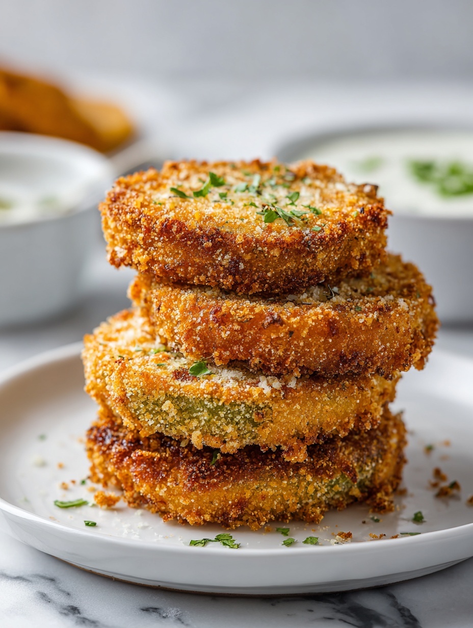 A stack of four round, golden brown, crispy fried green tomato slices sits centered on a white plate. Each tomato slice is thick, covered with an even layer of crunchy breadcrumb coating with a slightly rough texture and a warm orange-golden color. Small green herb specks are sprinkled on top. The plate rests on a white marbled surface. In the soft blurred background, there is a white dish with a creamy orange dipping sauce and another white bowl with a green sauce. Photo taken with an iphone --ar 2:3 --v 7