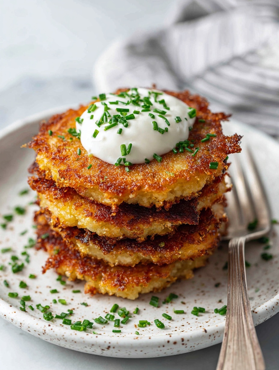 A stack of four crispy, golden-brown potato pancakes rests in the center of a white speckled plate, each pancake showing a rough texture with visible strands of fried potato. On top of the stack, there is a dollop of white sour cream sprinkled with small green chopped chives. Some green chives are scattered on the plate around the stack. A silver fork lies behind the pile on the right side of the plate. The white marbled surface below adds brightness to the scene, with a blurred striped cloth in warm tones in the background. photo taken with an iphone --ar 2:3 --v 7
