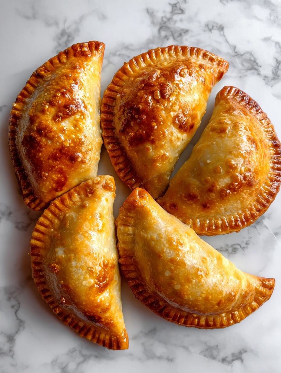 Four golden brown pastries lie on a white plate lined with a white paper towel. Each pastry is half-moon shaped with a crimped edge, showing small bubbles on the surface that give a textured look. The plate is set on a white marbled surface, visible around the edges. The pastries are arranged in a loose circle, evenly spaced. photo taken with an iphone --ar 2:3 --v 7