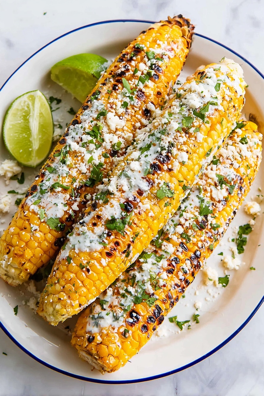 Three grilled corn cobs are placed side by side on a white plate with a thin blue rim, resting on a white marbled surface. Each corn cob has a bright yellow kernel base with dark brown grilled spots, covered with a layer of white creamy sauce. On top of this, there is a scattering of crumbly white cheese and fresh green chopped herbs evenly spread over all three cobs. A halved green lime sits to the side of the plate, adding a pop of color. The overall look is fresh, colorful, and textured with a mix of smooth sauce, crumbly cheese, and grilled corn. photo taken with an iphone --ar 2:3 --v 7