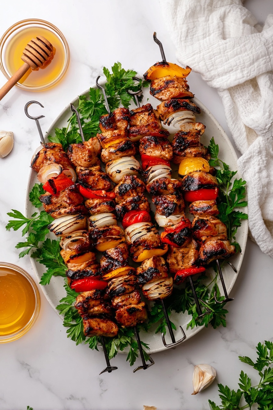 A white plate sits on a white marbled surface, filled with two layers: the bottom layer is fresh green arugula leaves, and the top layer has grilled chunks of chicken, orange and red bell peppers, and round white onions with slight char marks, all mixed together. The food looks juicy and well cooked. In the background, there is another white plate filled with skewers of similar grilled chicken and vegetables, with some green parsley on the side. Black chopsticks lay across the surface in front of the main plate, and a black fork rests on the edge of the plate. Photo taken with an iphone --ar 2:3 --v 7