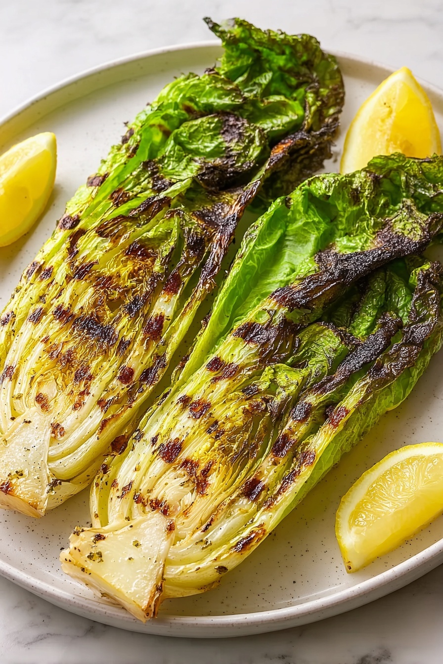 Two halves of grilled romaine lettuce are placed on a white plate. Each half shows layers of green and light yellow leaves with clear grill marks that are dark brown and slightly charred. The outer leaves are darker green with a crispy texture, while the inner leaves are lighter and softer. There is some seasoning visible on the leaves, adding small specks of color. In the background, two yellow lemon wedges sit on the white plate near the top right corner. The plate rests on a white marbled surface. photo taken with an iphone --ar 2:3 --v 7