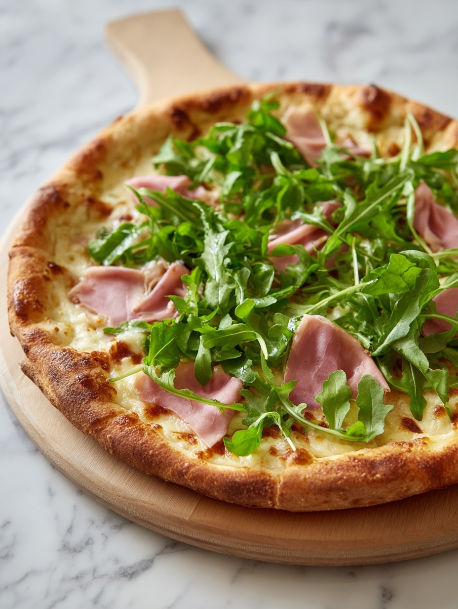 A sliced pizza with a light golden crust sits on a wooden round board over a white marbled surface. The pizza has three visible layers: the bottom layer is a thin crust with light brown toasted spots; the middle layer has melted pale yellow cheese and thin slices of pink ham; the top layer is fresh, bright green arugula leaves spread over the pizza. A woman's hand is holding one slice of pizza, lifting it slightly from the board. The pizza is cut into eight slices, and the arugula leaves look fresh and slightly shiny. Photo taken with an iphone --ar 2:3 --v 7