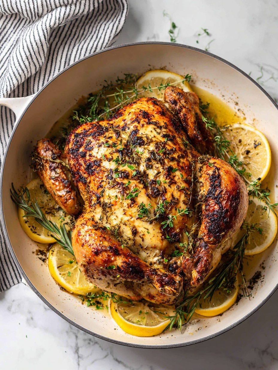 A whole roasted chicken with golden-brown crispy skin sits in the center of a white round pan, spread flat with legs and wings stretched out. The chicken is sprinkled with green herbs and cooked with sprigs of fresh rosemary and thyme visible around it. Thin lemon slices are placed under and around the chicken, adding yellow accents. Small bits of chopped green parsley are scattered over the chicken and pan. The pan rests on a white marbled surface with a striped white and dark towel in the background. photo taken with an iphone --ar 2:3 --v 7