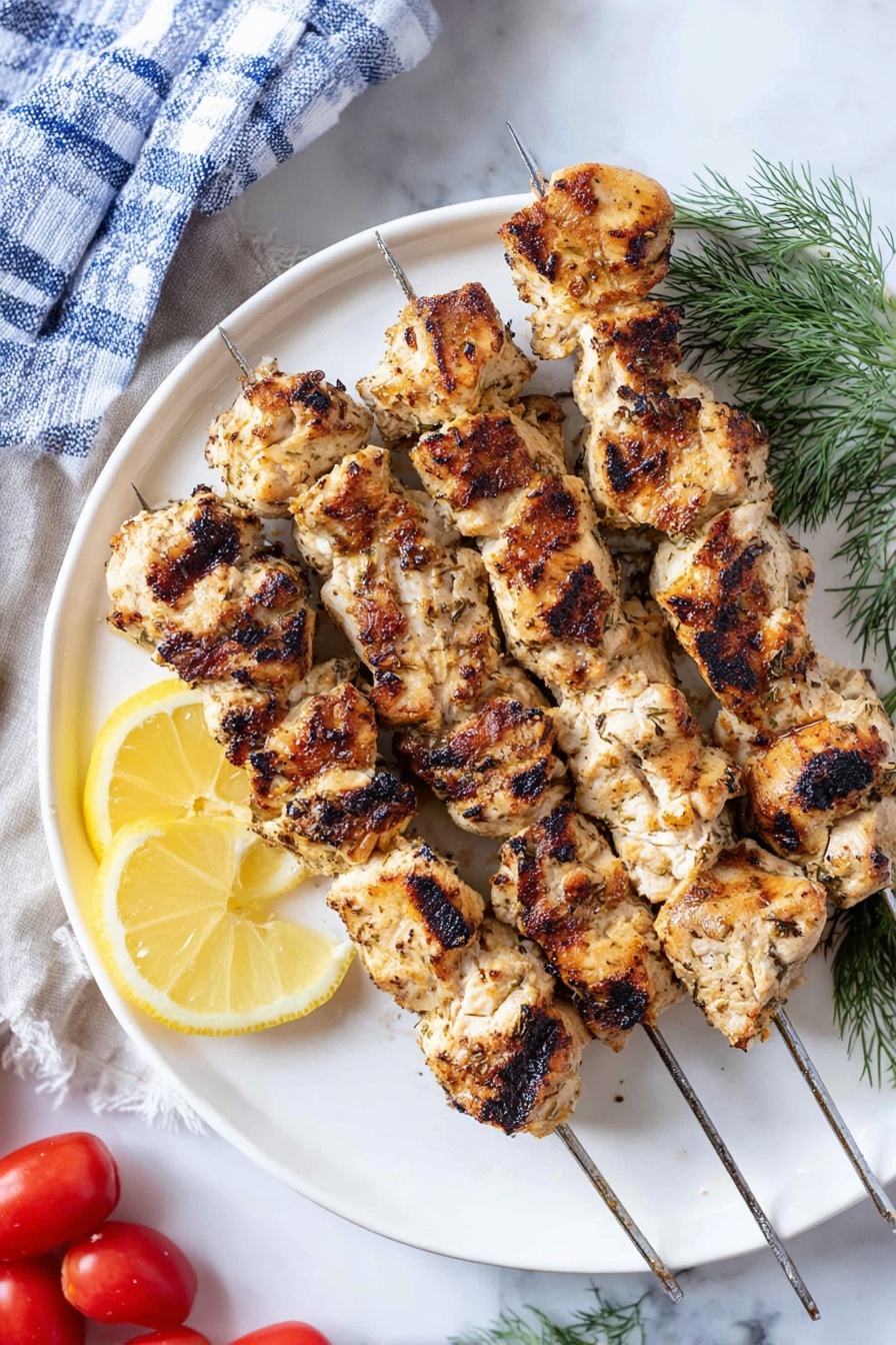 The dish shows five metal skewers, each holding grilled chunks of chicken with charred grill marks and a golden brown color. The skewers lay across a round white plate. On the left side of the plate, there are two lemon wedges with a bright yellow color and a small bunch of green dill. The plate sits on a surface with a white marbled texture next to a blue and white striped cloth. Near the plate's bottom left corner, three small red tomatoes on the vine are visible. Photo taken with an iphone --ar 2:3 --v 7