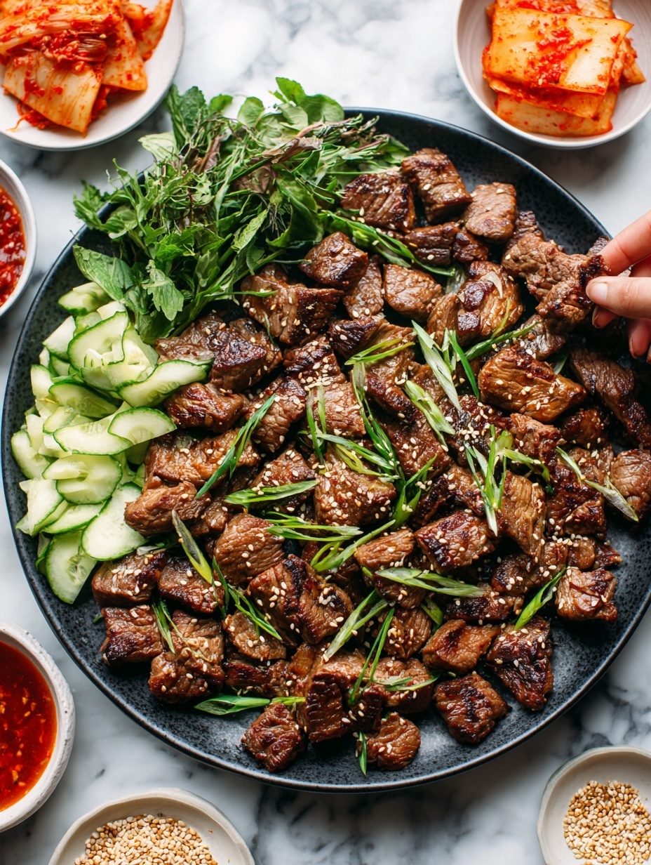 A dark gray plate is filled with many pieces of cooked beef, each piece brown with a slight char and sprinkled with white sesame seeds and chopped green onions. On the left side of the plate, there are fresh green leaves stacked together and a small pile of thin cucumber sticks. Around the plate on a white marbled surface, there are small white bowls holding a red sauce with chili flakes, a heap of sesame seeds, orange-colored kimchi, and an orange-red chunky paste. The scene has a bright and clean look with everything arranged neatly. photo taken with an iphone --ar 2:3 --v 7