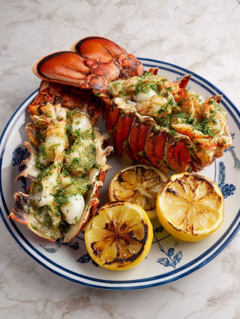 The image shows two dishes of lobster served on a white marbled surface. In the front, there is a single white plate with soft white lobster meat pieces mixed with green herbs and small spots of golden brown, showing a light grilled texture. In the background, slightly out of focus, a split lobster tail with red shell and white meat sprinkled with green herbs is placed on a white plate with a blue rim. A grilled lemon half with char marks is sitting on the same plate next to the lobster tail. The overall look is fresh and vibrant with the contrast of red shells and white meat covered in green seasoning. Photo taken with an iphone --ar 2:3 --v 7