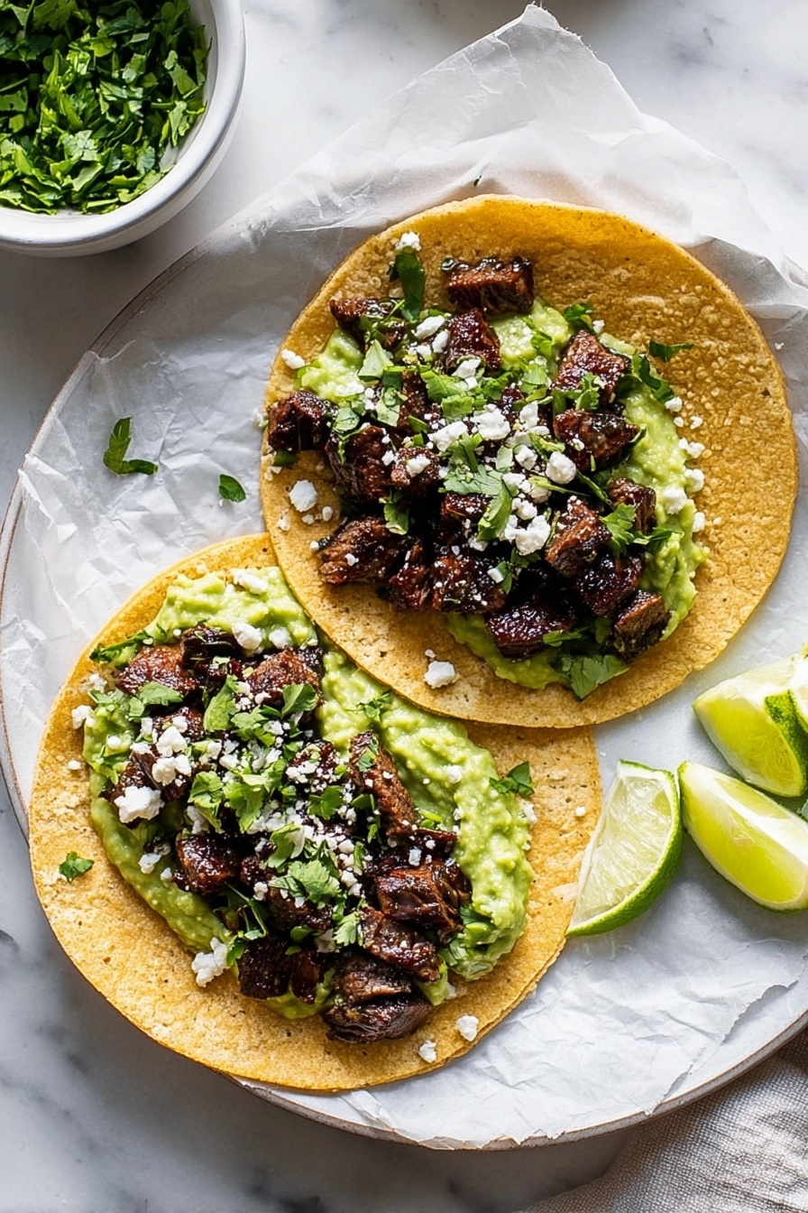 Two corn tortillas lie flat on a white plate lined with white parchment paper on a white marbled surface. Each tortilla has a base layer of bright green mashed avocado spread evenly, topped with small, dark brown grilled meat cubes sprinkled with finely chopped white onions and fresh green cilantro. Small white crumbles, likely cheese, are scattered over the meat. To the right side of the plate, there are three lime wedges resting on the parchment paper. In the background, a white bowl filled with chopped green herbs sits slightly out of focus. Photo taken with an iphone --ar 2:3 --v 7