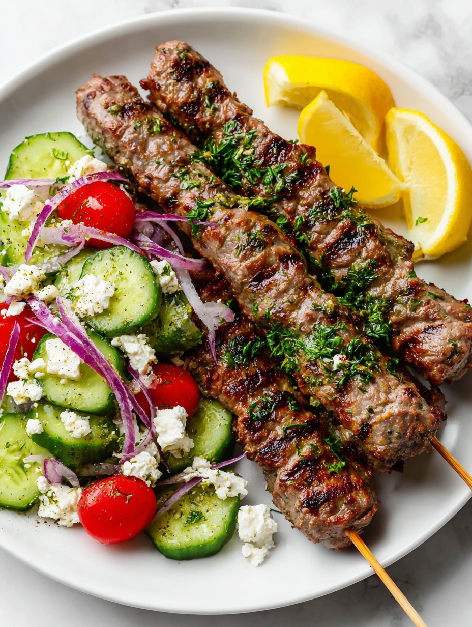 The image shows a white oval plate on a white marbled surface. On the plate, there are five grilled meat skewers with a golden-brown color and some green herb pieces sprinkled on top. The skewers lay diagonally across the plate. Below the skewers, there is a fresh salad made with sliced green cucumbers, red cherry tomato halves, small white cheese chunks, and some chopped red onions, all lightly garnished with herbs. On the top right of the plate, there are two lemon wedges with a bright yellow color. Photo taken with an iphone --ar 2:3 --v 7