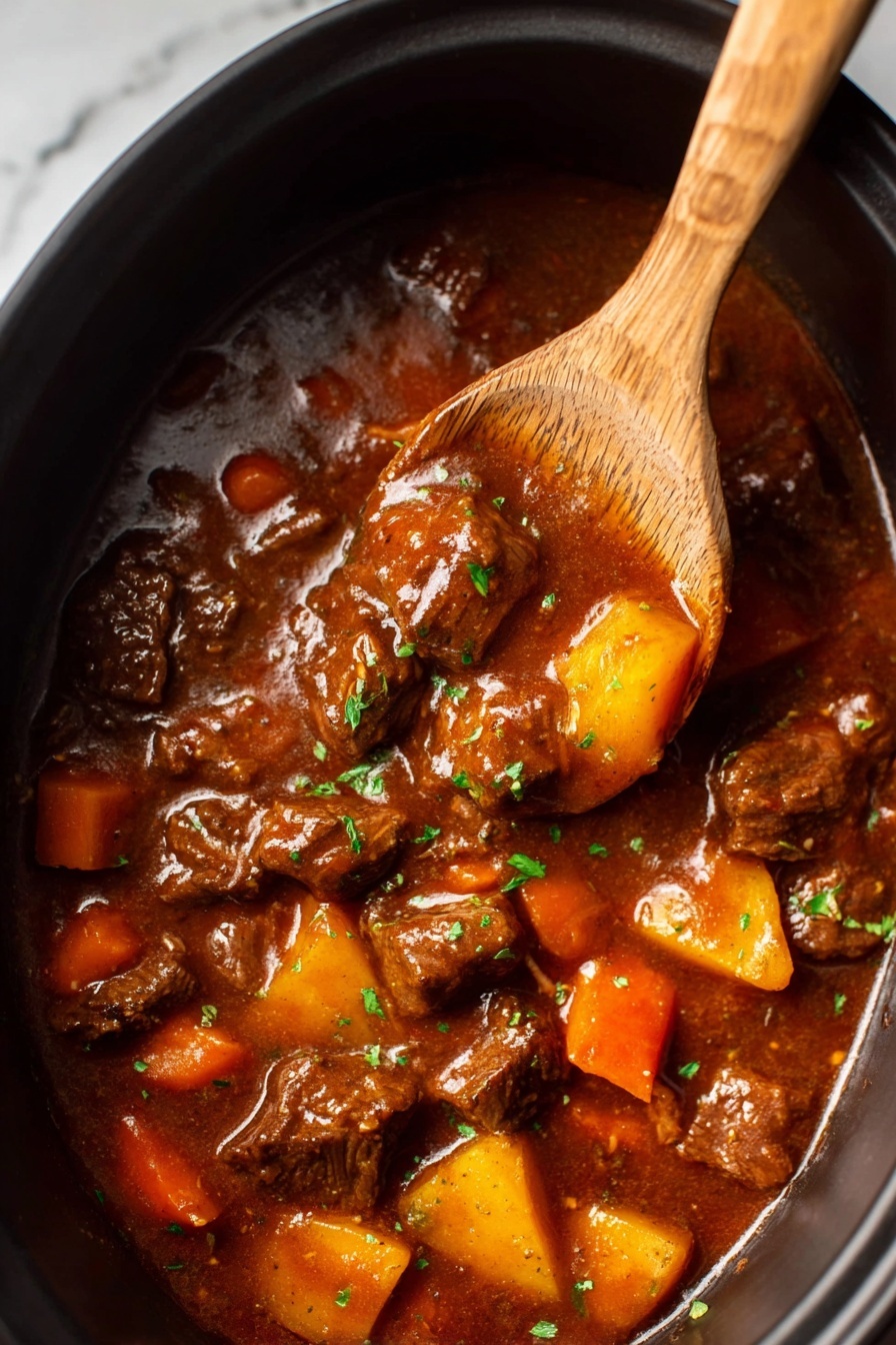 A rich brown stew fills a black pot, with chunky pieces of dark brown beef, orange carrots, and yellow potatoes mixed in thick brown gravy. The stew has a shiny, smooth texture scattered with small green herbs on top. A wooden spoon is lifting some beef and vegetables from the pot, showing the thick soup dripping slightly. The background is a white marbled texture photo taken with an iphone --ar 2:3 --v 7