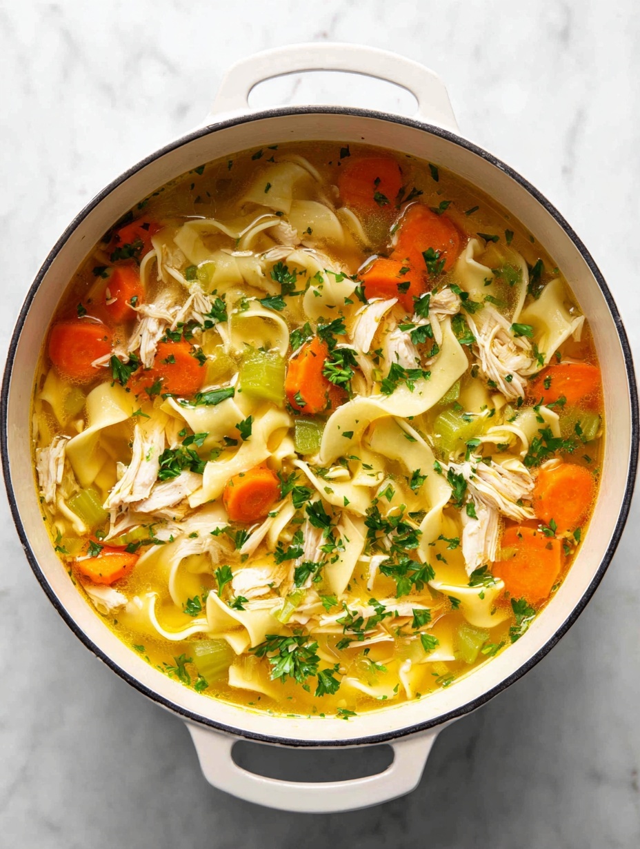 A white bowl filled with clear golden broth soup that has three main layers: at the bottom, a mix of soft, wide, flat pale yellow noodles; in the middle, pieces of light, shredded cooked chicken mixed with bright orange round carrot slices and small light green celery chunks; on top, sprinkled fresh chopped dark green parsley leaves, all floating together in the broth. The bowl is placed on a white marbled surface. photo taken with an iphone --ar 2:3 --v 7