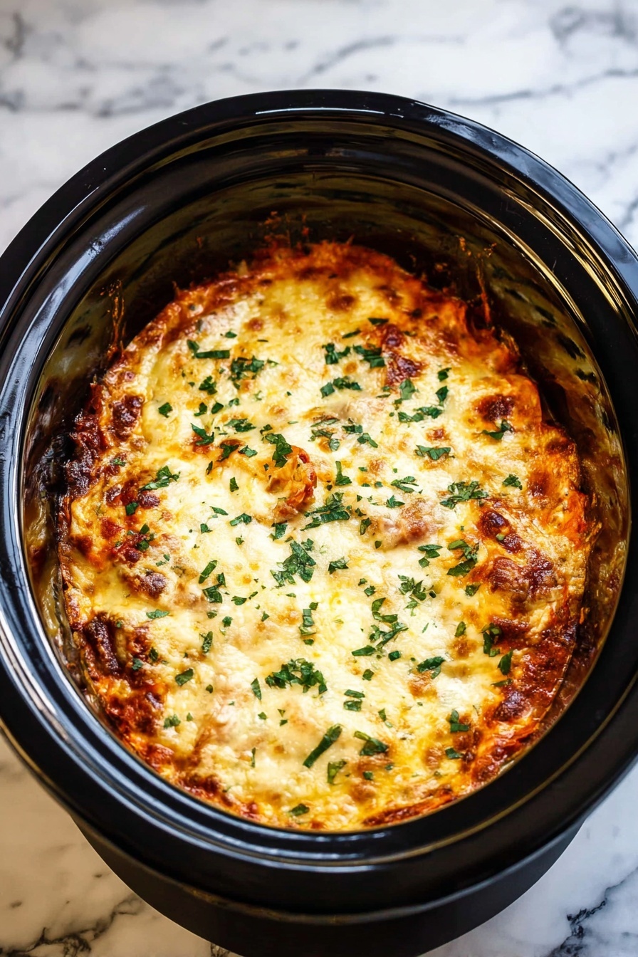 The image shows a slow cooker filled with a baked lasagna, featuring multiple layers visible through the top: a rich, dark orange and slightly browned sauce layer covers most of the surface, with melted white cheese forming a creamy center that spreads outward unevenly. The cheese has a golden touch where it has browned from baking, and chopped green herbs are sprinkled across the top for color contrast. The slow cooker is black with a shiny finish, sitting on a white marbled surface. photo taken with an iphone --ar 2:3 --v 7