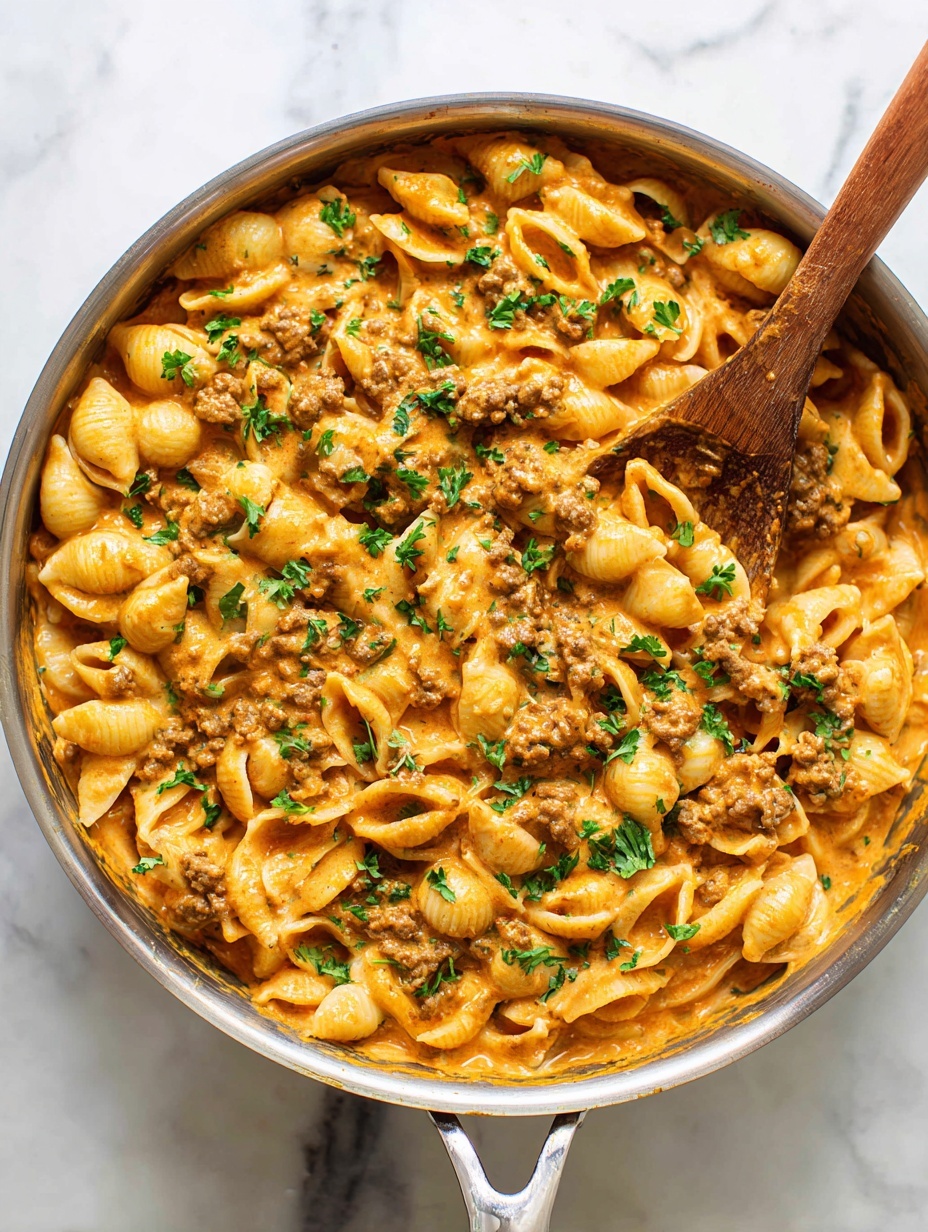 Close-up of shell-shaped pasta mixed with ground meat and small diced red tomatoes in a creamy orange sauce. The pasta shells are yellow with ridges, coated in the sauce, and scattered with bits of green herbs on top. The ground meat is crumbled and cooked brown, blending smoothly with the sauce. A light wooden spoon is partially dipped into the dish on the right side. The background surface is white marble. photo taken with an iphone --ar 2:3 --v 7