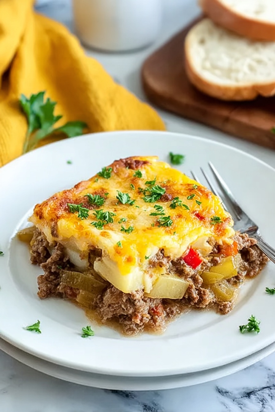 A white round pot filled with a layered dish showing at least three layers: the bottom layer is a brownish mix of cooked ground meat with diced orange carrot pieces and chunks of yellow potato; the middle layer has a creamy golden-yellow sauce blending into the meat and vegetables; the top layer is made of sliced potatoes covered with melted cheese that is golden-brown with small darker spots, sprinkled with finely chopped green herbs. The pot sits on a white marbled surface photo taken with an iphone --ar 2:3 --v 7