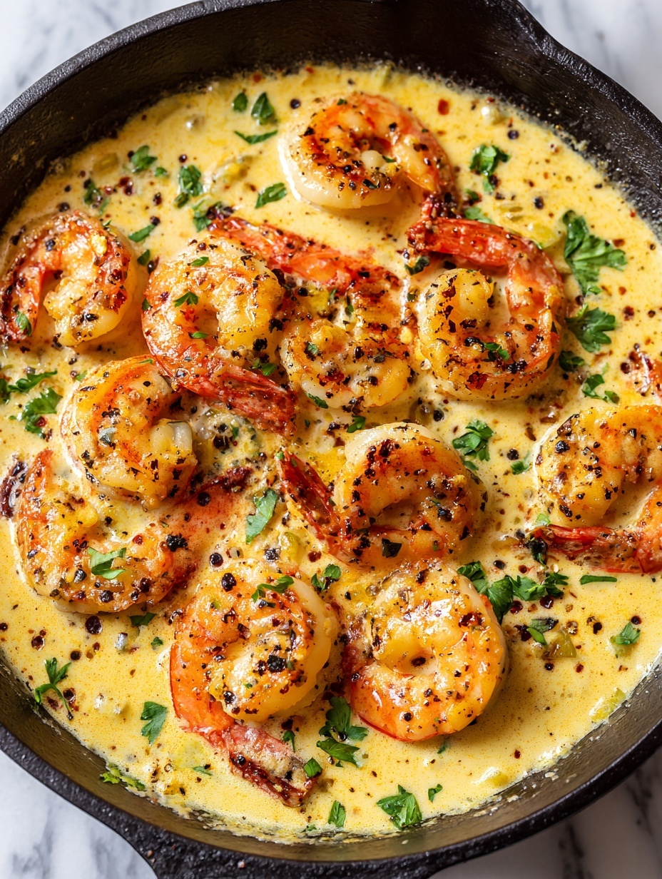 A white bowl filled with a creamy pale yellow sauce that has a smooth texture. Inside the sauce, there are about eight light pink shrimp with their tails on, curled and evenly spread around the bowl. Some herbs and small black pepper specks are sprinkled over the shrimp and sauce. On the side of the bowl, there is a slice of lemon resting at an angle. The bowl is placed on a white marbled surface. Photo taken with an iphone --ar 2:3 --v 7