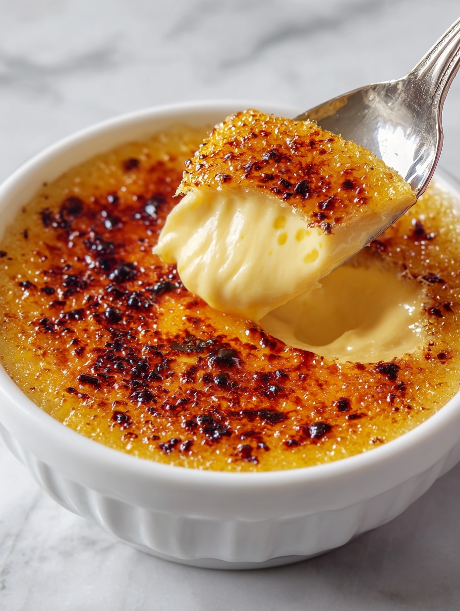 A close-up shows a spoon holding a piece of crème brûlée above a white bowl, revealing two distinct layers: a top layer of golden-brown caramelized sugar with a slightly crisp and textured surface, and a bottom layer of smooth, creamy pale yellow custard. The bowl is placed on a white marbled surface, and part of the creamy custard is sticking to the spoon under the caramel layer, showing its soft texture. The lighting highlights the contrast between the caramel and custard layers. Photo taken with an iphone --ar 2:3 --v 7