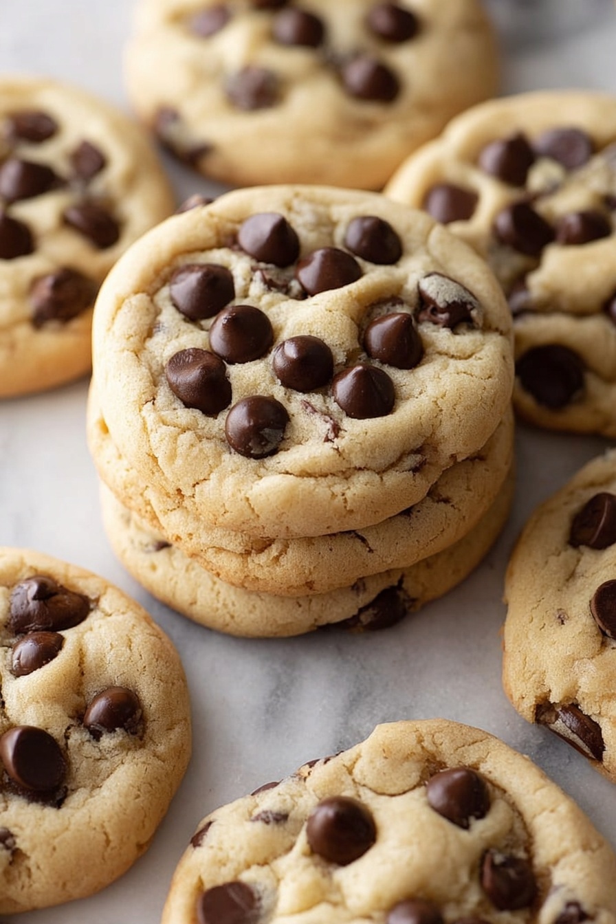 The image shows a close-up view of several round cookies with a golden-brown base that looks soft and slightly cracked on top. Each cookie is dotted with many dark brown chocolate chips that are melted and shiny, scattered unevenly across the surface. The cookies are placed tightly together on a tray with a white marbled texture underneath. The focus is on the front cookie, making the texture of its chewy dough and glossy chocolate chips very clear. photo taken with an iphone --ar 2:3 --v 7