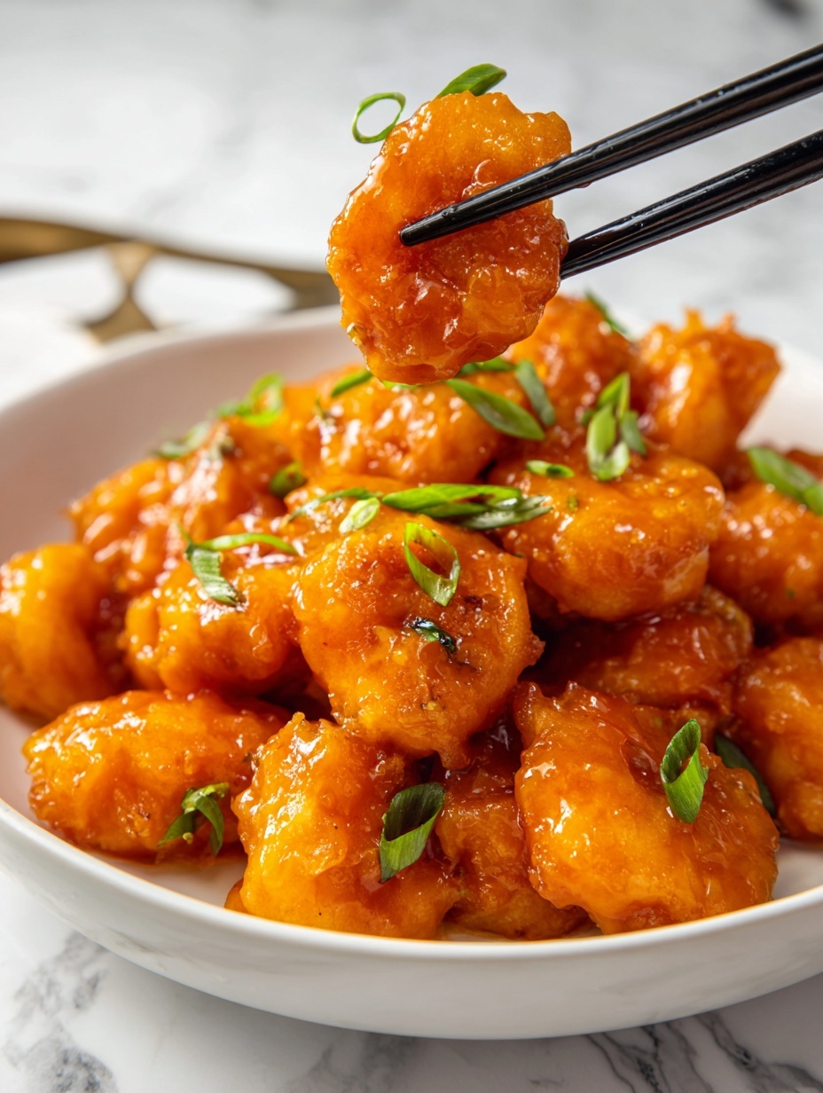 A close-up view shows a piece of orange-glazed shrimp held by a pair of black chopsticks, garnished with small green onion slices on top. Below, a white plate with a blue brushstroke design holds a pile of shrimp coated in the same shiny orange sauce, each piece showing a plump texture. The background is a white marbled surface with hints of a green garnish blurred in the distance. photo taken with an iphone --ar 2:3 --v 7