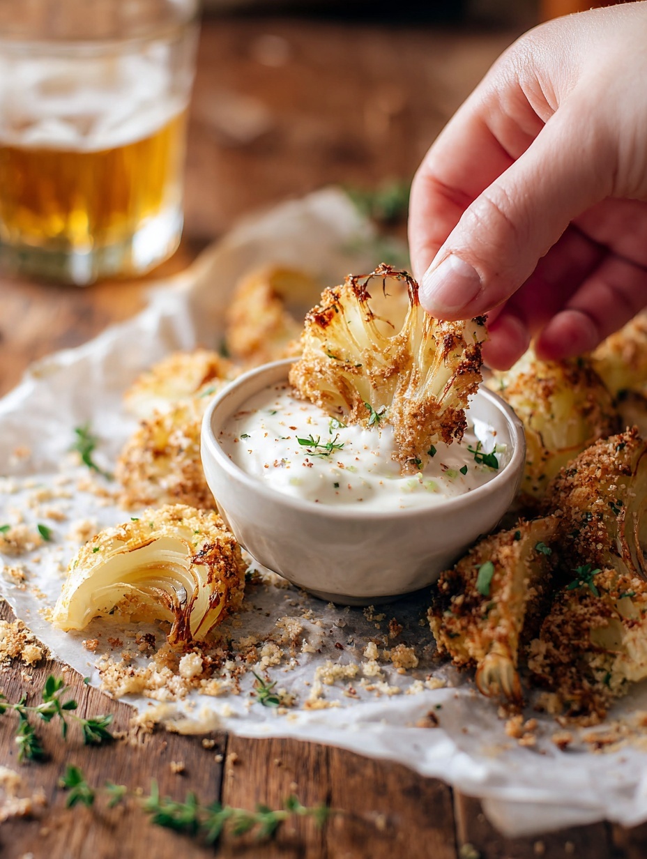 A woman's hand is holding a crisp, golden-browned slice of roasted cauliflower, dipping it into a small white bowl filled with smooth white sauce. Next to the bowl, there are more slices of roasted cauliflower, each piece showing light golden edges with a crunchy texture, arranged loosely on white parchment paper. Small green herb sprigs lie beside the bowl, adding a touch of fresh color. The scene is set on a white marbled surface and the image has a warm, inviting atmosphere. photo taken with an iphone --ar 2:3 --v 7