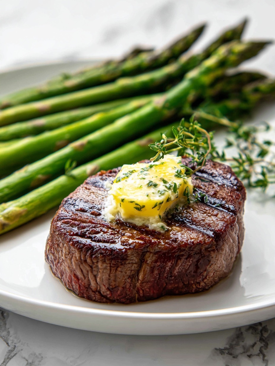 On a white plate, a thick, round steak with a dark brown seared outside and visible grain sits in the front left. A melting dollop of herb butter with green specks rests on top of the steak, creating a glossy shine. To the right and slightly behind the steak, there is a bundle of bright green asparagus spears laid side by side with some light charring. A small sprig of fresh thyme lies beneath the asparagus, adding a touch of green detail. The plate rests on a surface with a white marbled texture. photo taken with an iphone --ar 2:3 --v 7