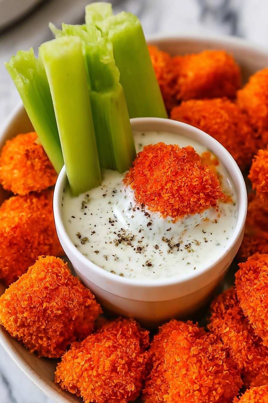 A white round bowl filled halfway with white creamy ranch sauce, sprinkled with black pepper. A bright orange crispy fried nugget is dipped halfway into the sauce, positioned near the bowl's edge on the right side. Three fresh green celery sticks stand upright, leaning inside the bowl on the left side. Surrounding the bowl on the white plate are multiple bright orange crispy fried nuggets with a rough textured surface. The background is a white marbled texture. photo taken with an iphone --ar 2:3 --v 7