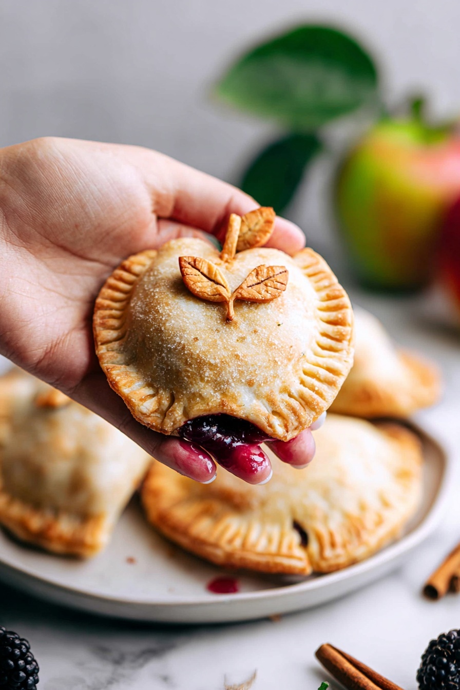 A close-up of a small pie shaped like an apple, held in a woman's hand. The pie has two golden-brown layers: the bottom layer forms the base, and the top layer is puffed up with a smooth, slightly shiny surface sprinkled with sugar. The edges have a crimped pattern, and two small decorative leaves and a stem made of dough sit on top. A small burst of dark red filling leaks from one side. This pie is in front of a white plate with other similar pies, all placed on a white marbled surface. A blackberry, a cinnamon stick, and some blurred apples with leaves are visible around the pies, adding color contrast. photo taken with an iphone --ar 2:3 --v 7