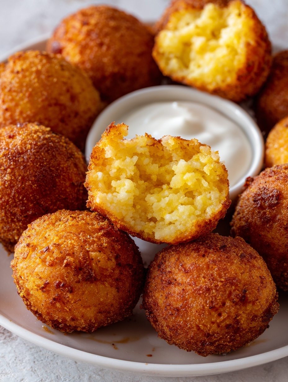 The image shows several round, golden brown fried balls with a crispy outer layer and a soft, crumbly yellow inside, placed on a white marbled surface. In the foreground, one ball is broken open, revealing its moist, textured interior. In the background, a white plate holds more of these fried balls, along with a small white container of white dipping sauce. The overall look is warm and inviting with clear focus on texture and color contrast between the crispy outside and tender inside. Photo taken with an iphone --ar 2:3 --v 7