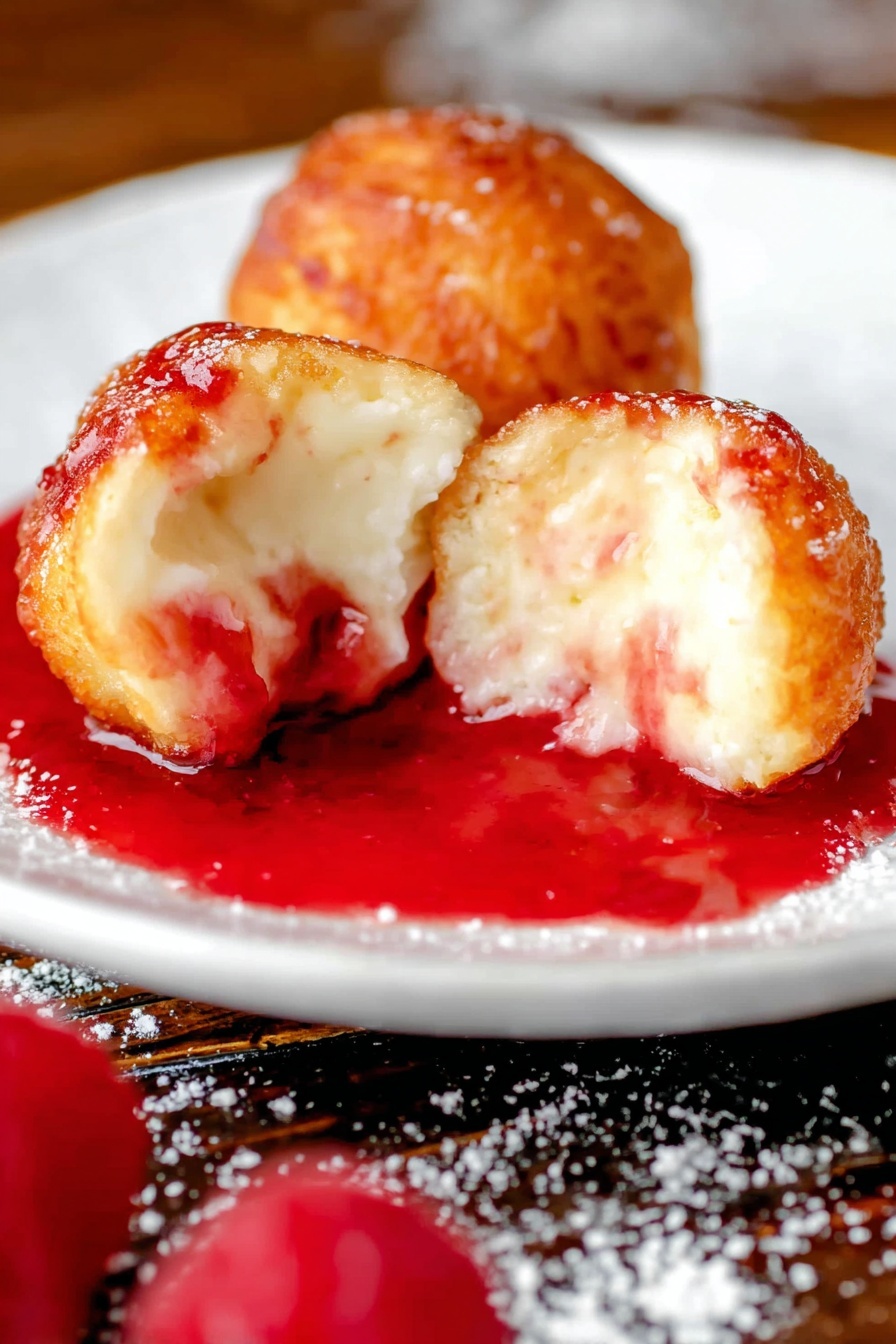 The image shows two round dessert balls on a white dish with a thin black pattern around the edge, resting on a white marbled surface. One dessert ball is whole while the other is cut in half, revealing a creamy white inside with a glossy red outer layer that looks like a sauce or glaze. The dish also has a bright red syrup pooling around the balls. There are whole raspberries placed near the dish, adding more red color to the scene. The overall look is shiny, moist, and inviting, with a mix of smooth and soft textures. Photo taken with an iphone --ar 2:3 --v 7