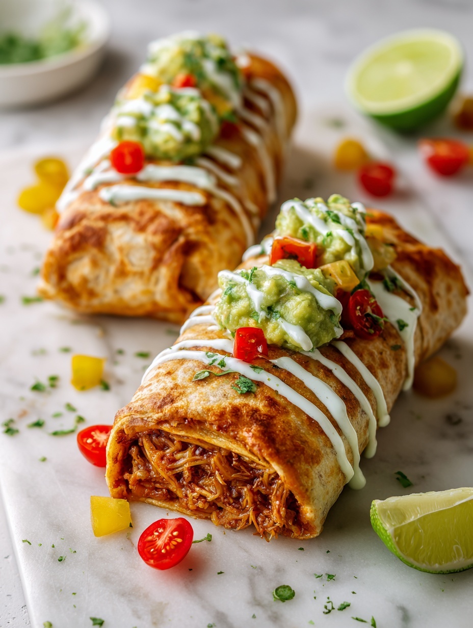 The image shows three crispy, golden-brown rolled enchiladas placed side by side on a white plate with curved edges. Each enchilada has white creamy sauce drizzled in thin lines across the top. On top of each enchilada, there is a dollop of green guacamole mixed with small pieces of cilantro and yellow and red cherry tomato halves. Small pieces of chopped cilantro are sprinkled on and around the enchiladas. The plate rests on a white marbled surface. Photo taken with an iphone --ar 2:3 --v 7