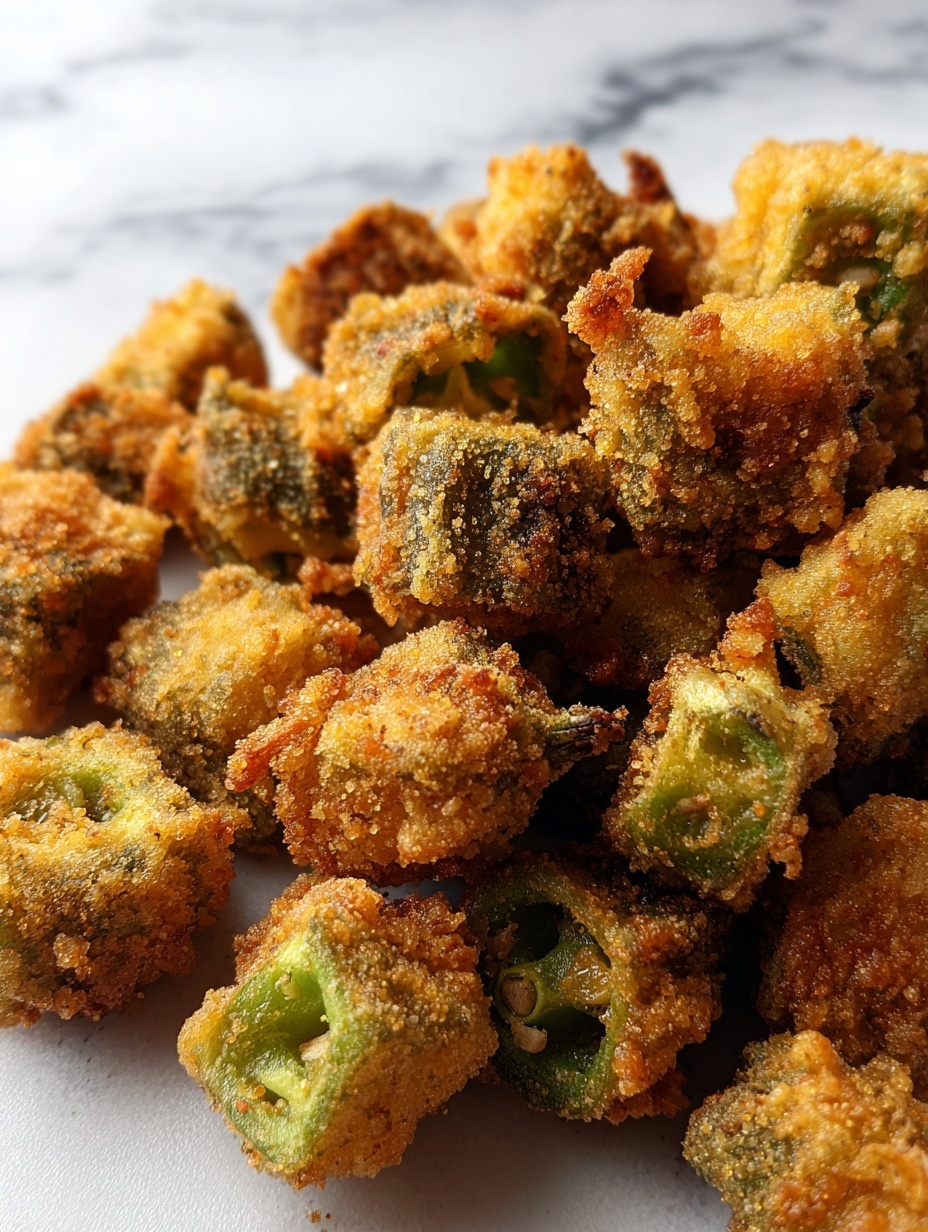 A close-up view of many small, golden-brown fried pieces of okra placed on a white paper towel that absorbs oil; each piece shows a crispy, textured coating with hints of green okra visible inside, and the pieces are piled loosely together, displaying a crunchy, uneven surface. The photo is taken with an iphone --ar 2:3 --v 7