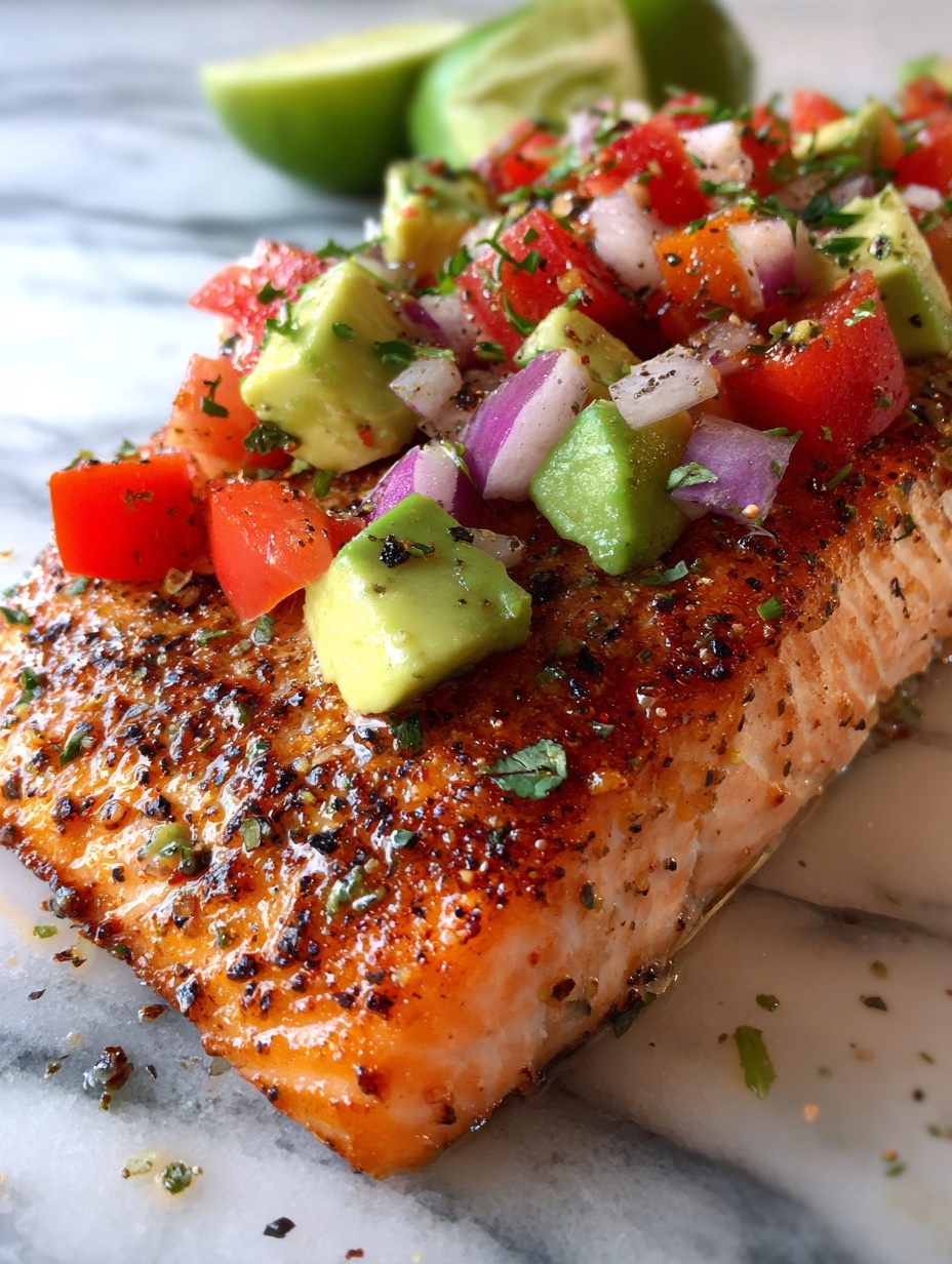 A white plate sits on a white marbled surface, holding a piece of cooked salmon with a golden brown outer crust and pink flaky inside at the bottom layer. On top of the salmon, there is a colorful salsa made of diced green avocado, red tomato, small bits of purple onion, and green herbs, all mixed together giving a fresh and chunky texture. A silver fork rests beside the salmon on the plate, and a blurred green lime is visible in the background. The photo taken with an iphone --ar 2:3 --v 7