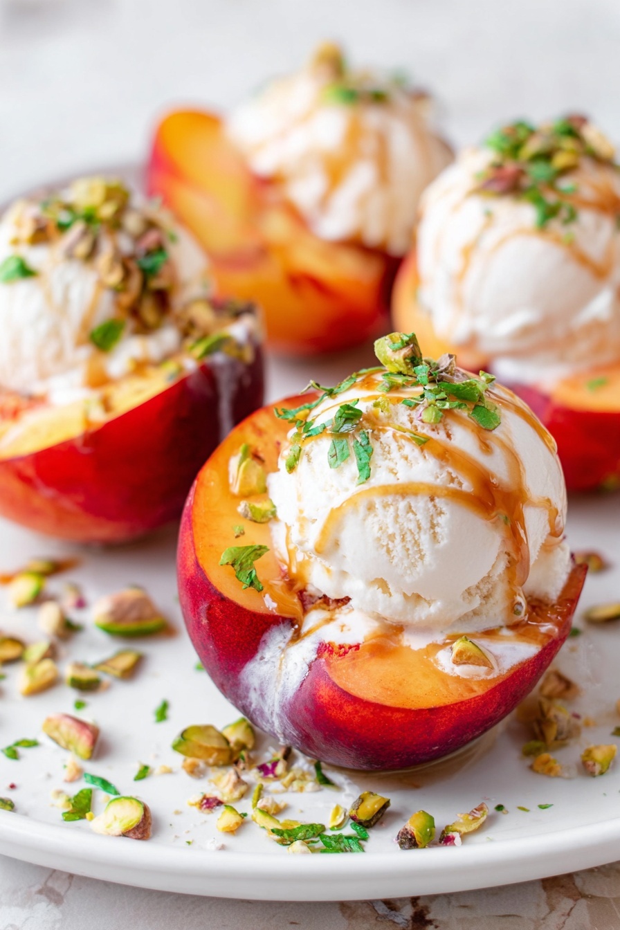 The image shows a white plate with three halved peaches, each holding a single round scoop of creamy vanilla ice cream on top. The ice cream scoops are smooth and soft with light caramel drizzle flowing down the sides. Crushed pistachios and chopped green herbs are sprinkled on the ice cream, peaches, and plate, adding green and light brown textures. The peaches have rich red and orange skin with a soft, juicy orange inside. The plate sits on a white marbled surface. Photo taken with an iphone --ar 2:3 --v 7