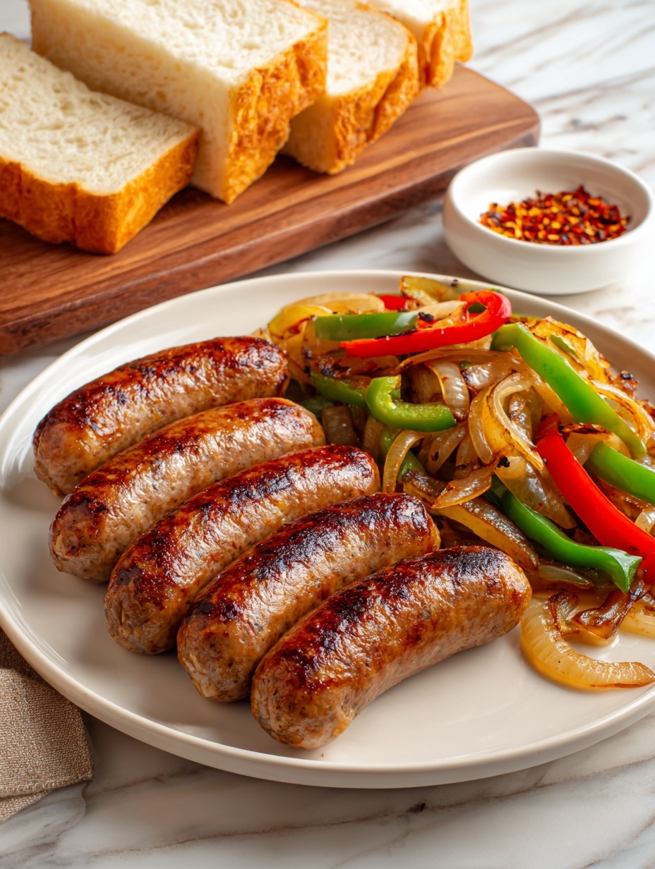 A white plate holds five brown grilled sausages with a slightly charred, shiny surface, arranged in a loose circle. To the right of the sausages is a mix of sautéed vegetables with thin strips of white onion, green and red bell peppers, all showing a light golden-brown color from cooking. In the background, on a white marbled texture surface, there is a wooden board with pieces of light golden baguette bread, and a white bowl with a spice mix or sauce, partially visible. The colors are warm and inviting, showing a rustic, hearty meal setting. Photo taken with an iphone --ar 2:3 --v 7